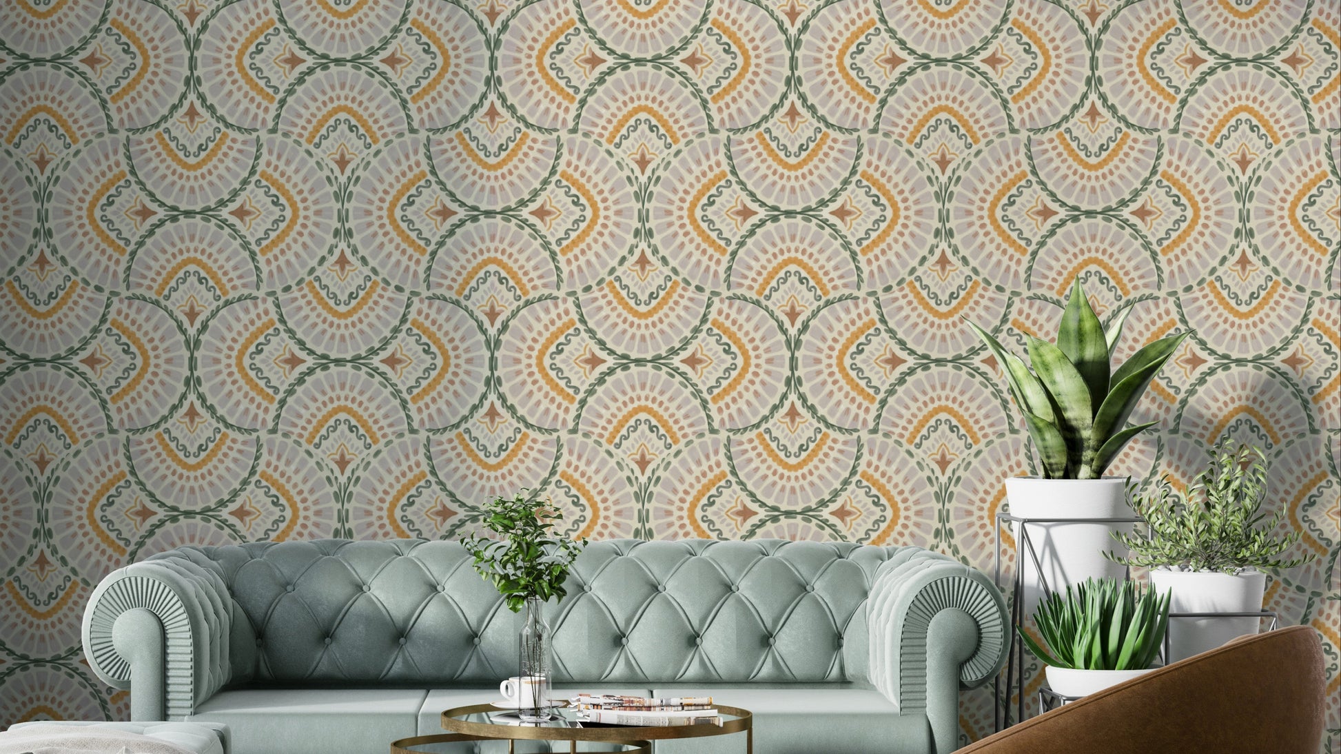 Whimsical fan pattern wallpaper with pastel colors

