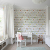 Blue Ribbon Meadow Wallpaper brightening a living room wall

