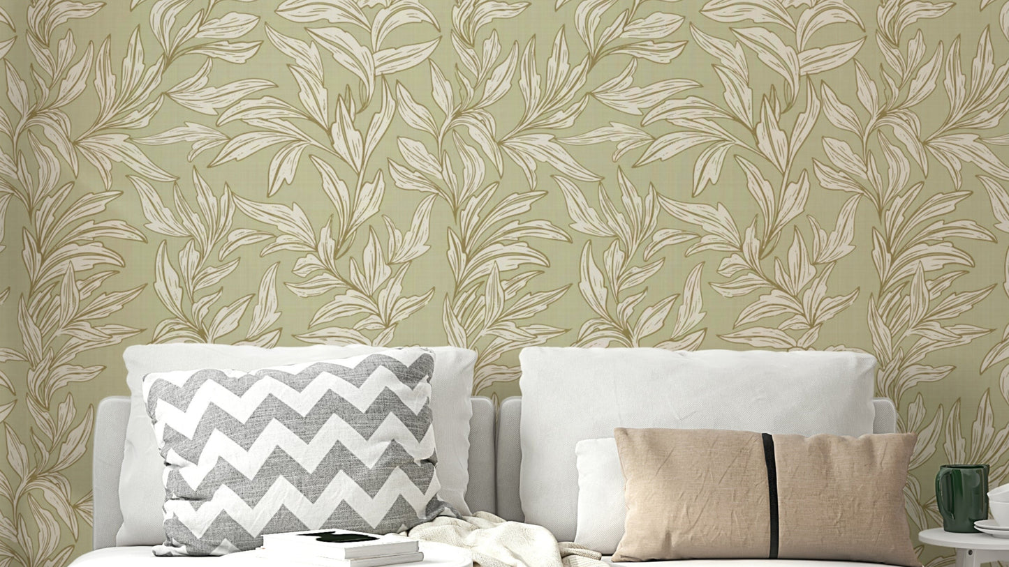 Serene sage botanical wallpaper with leafy pattern


