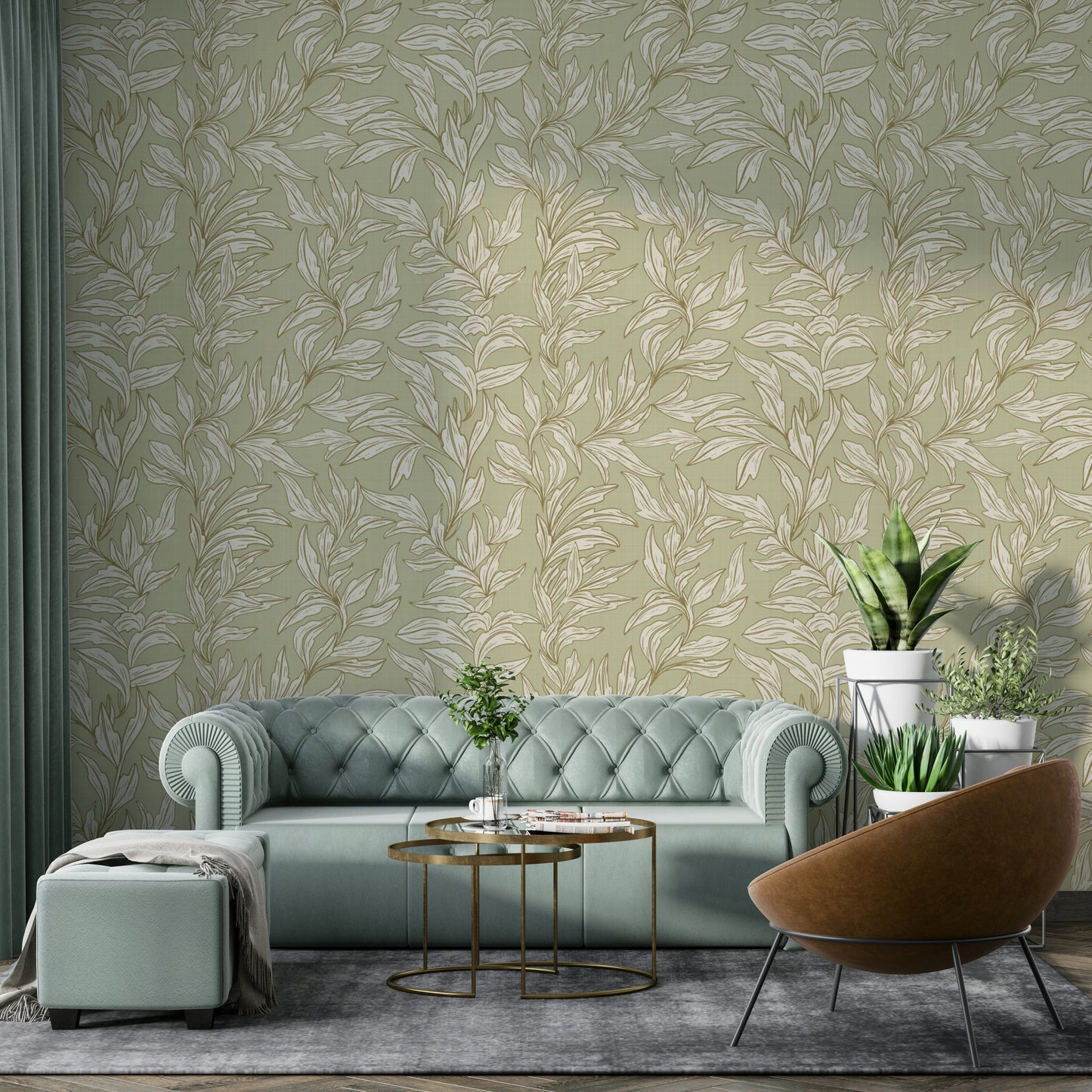 Calming sage wallpaper featuring plant illustrations

