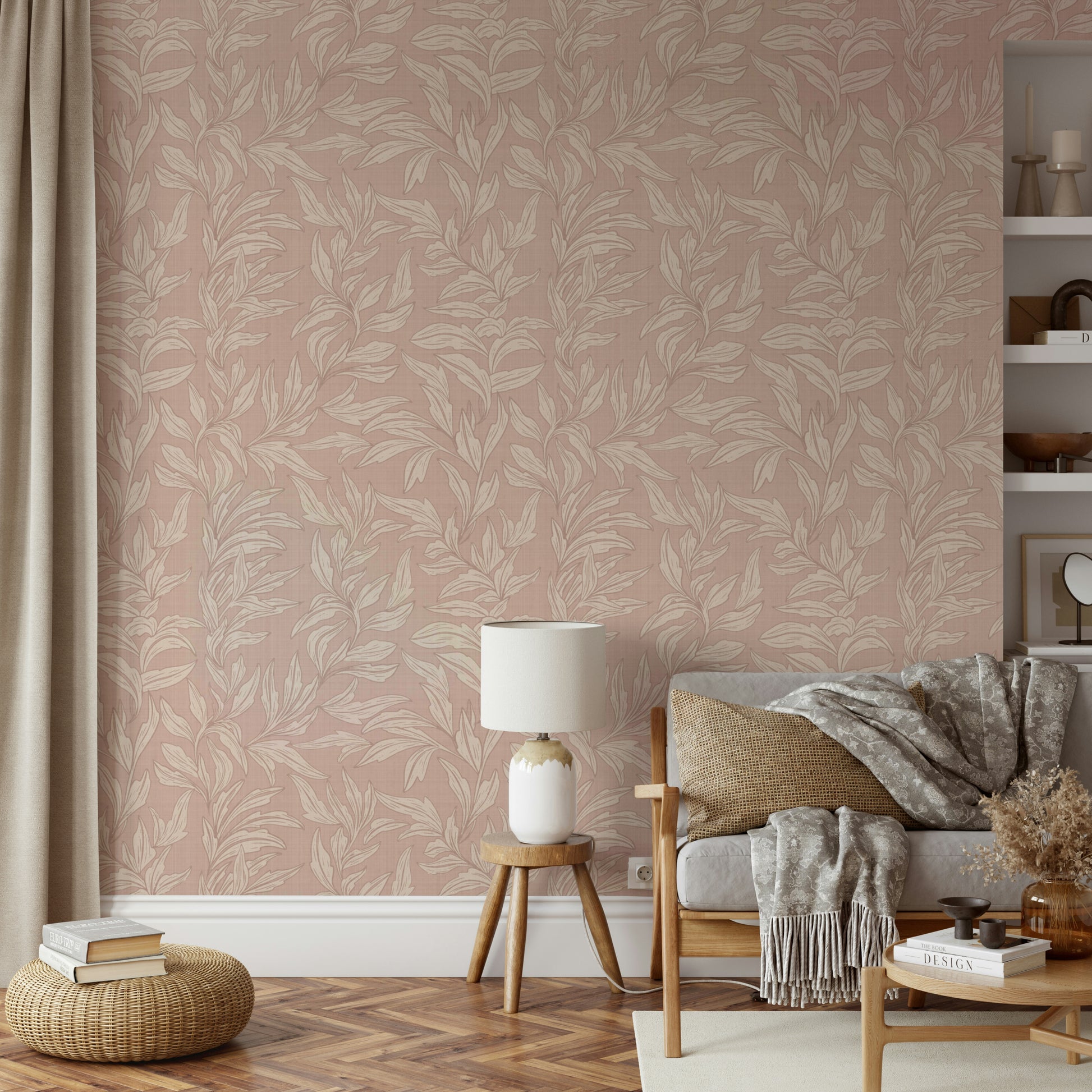Leafy linen wall mural for cozy interiors

