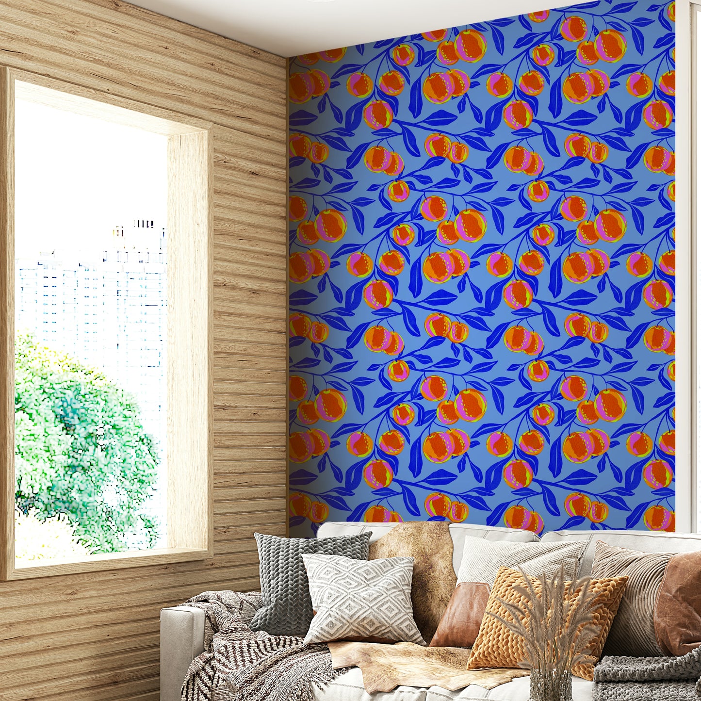 Bright citrus fruit wallpaper for kitchen walls

