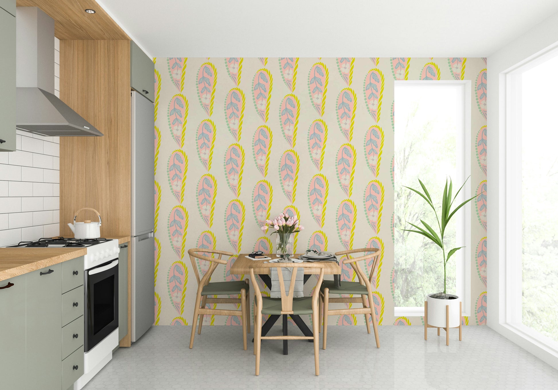 Decorative wallpaper with pastel paisley flow

