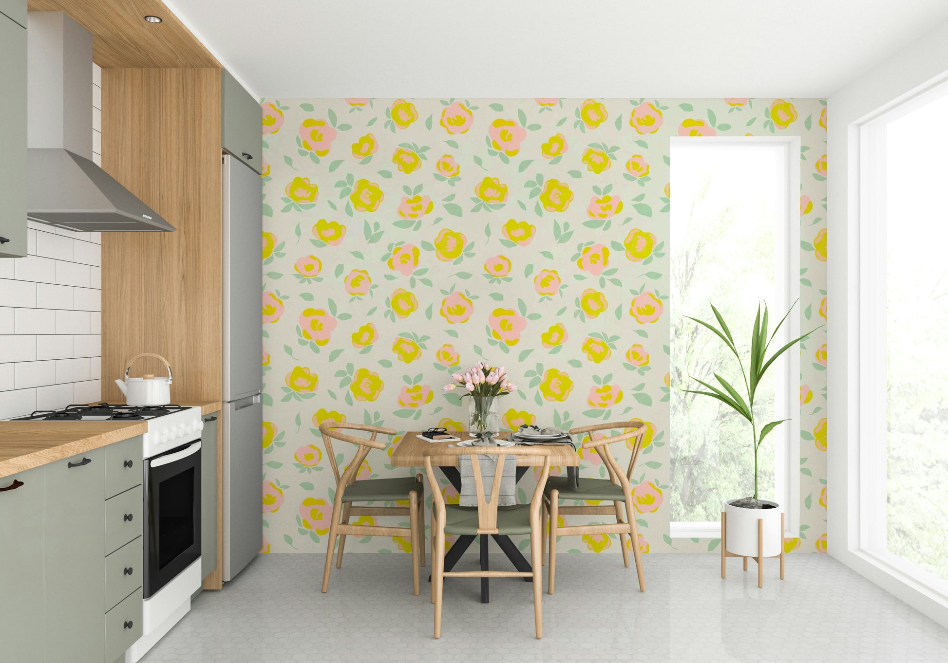 Yellow and white flowers on wallpaper design

