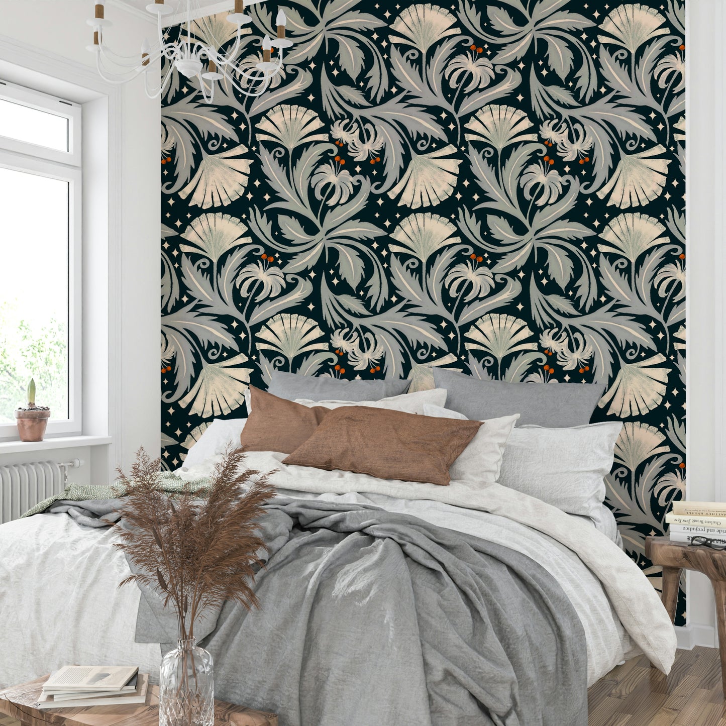 Elegant midnight black floral wallpaper with vintage style

