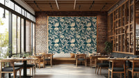 Midnight teal wallpaper with vintage botanical design

