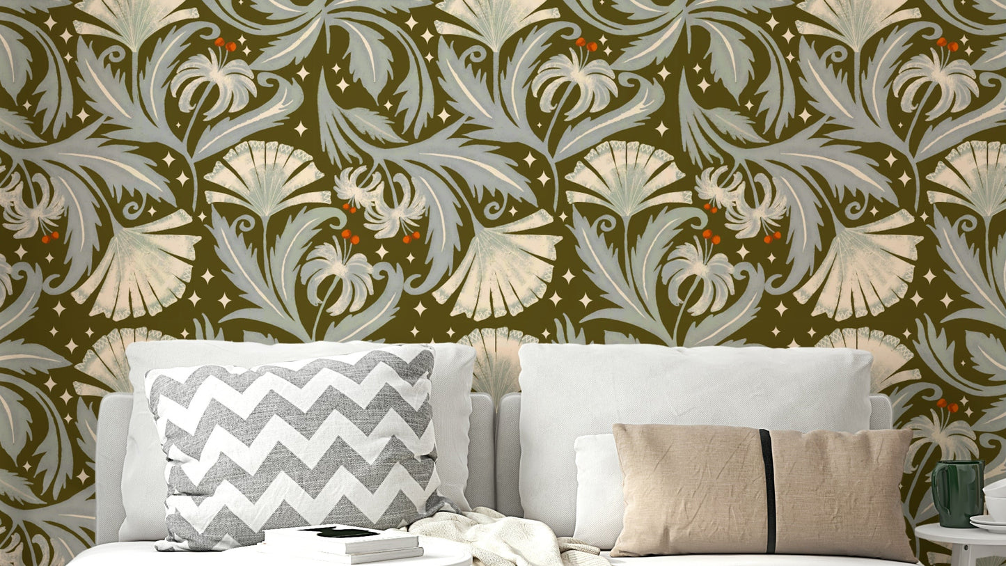 Vintage Botanica Olive Bronze floral wallpaper pattern

