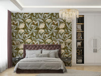 Olive bronze floral wallpaper with vintage botanical theme

