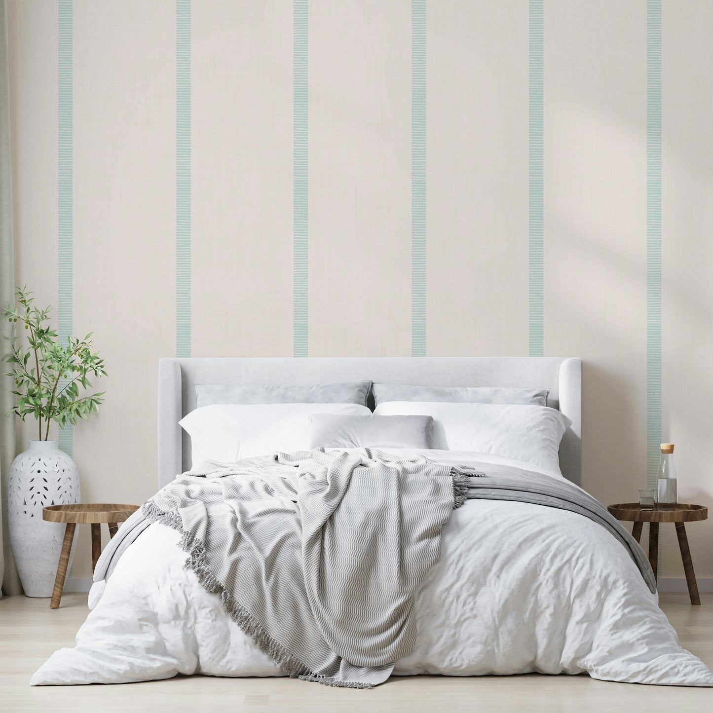 Beige and blue boho wallpaper accented with golden stripes


