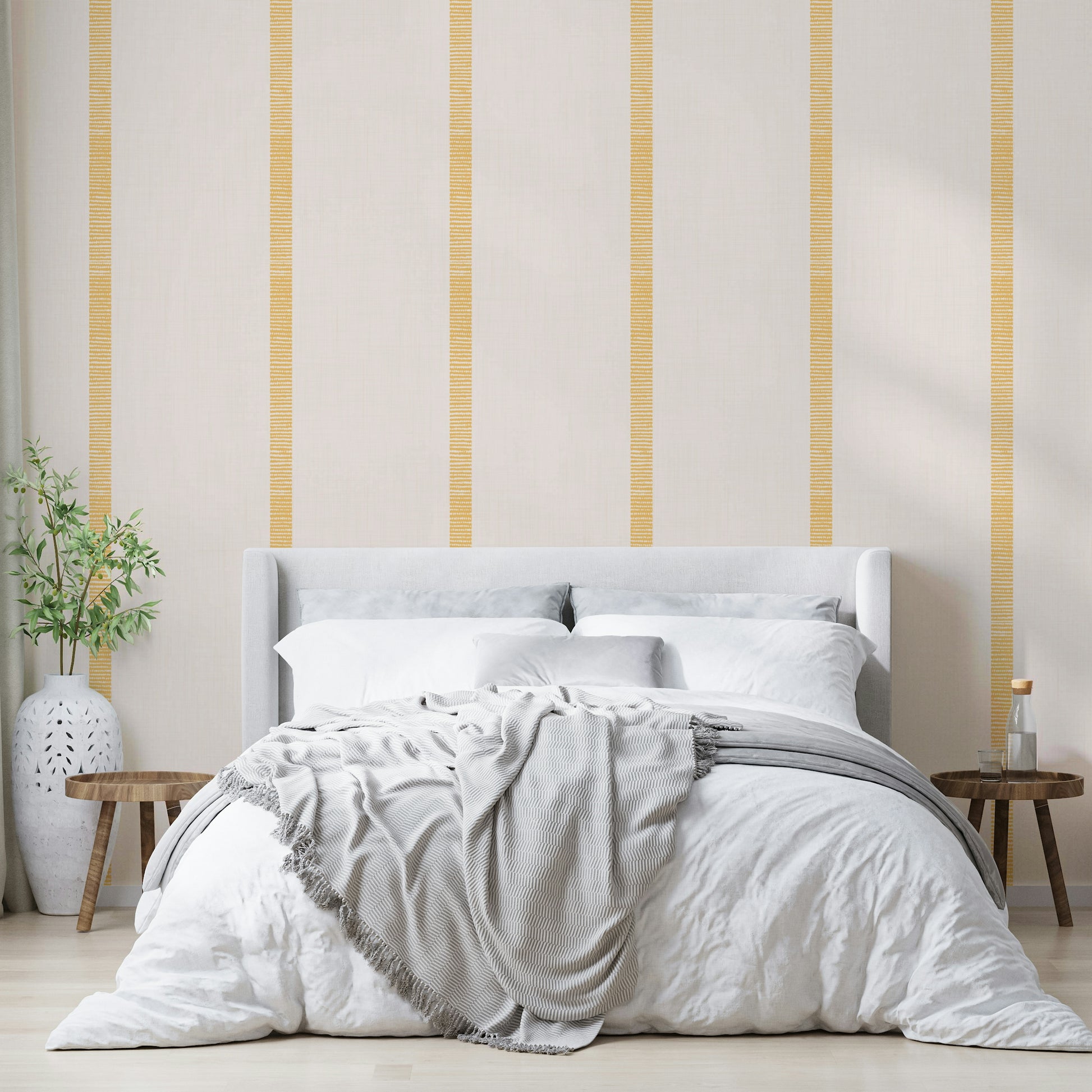 Golden ocher striped wallpaper for boho interior style

