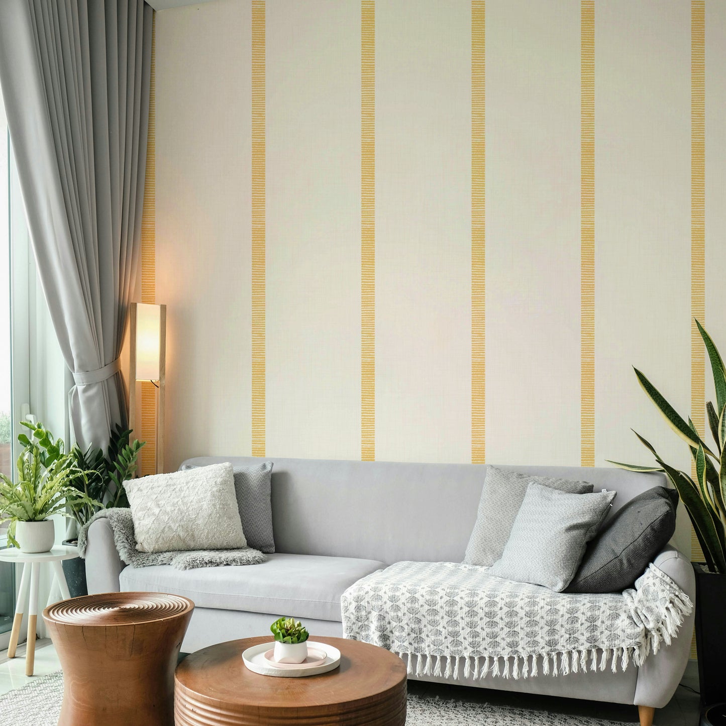 Beige and golden ocher striped wallpaper with boho vibes


