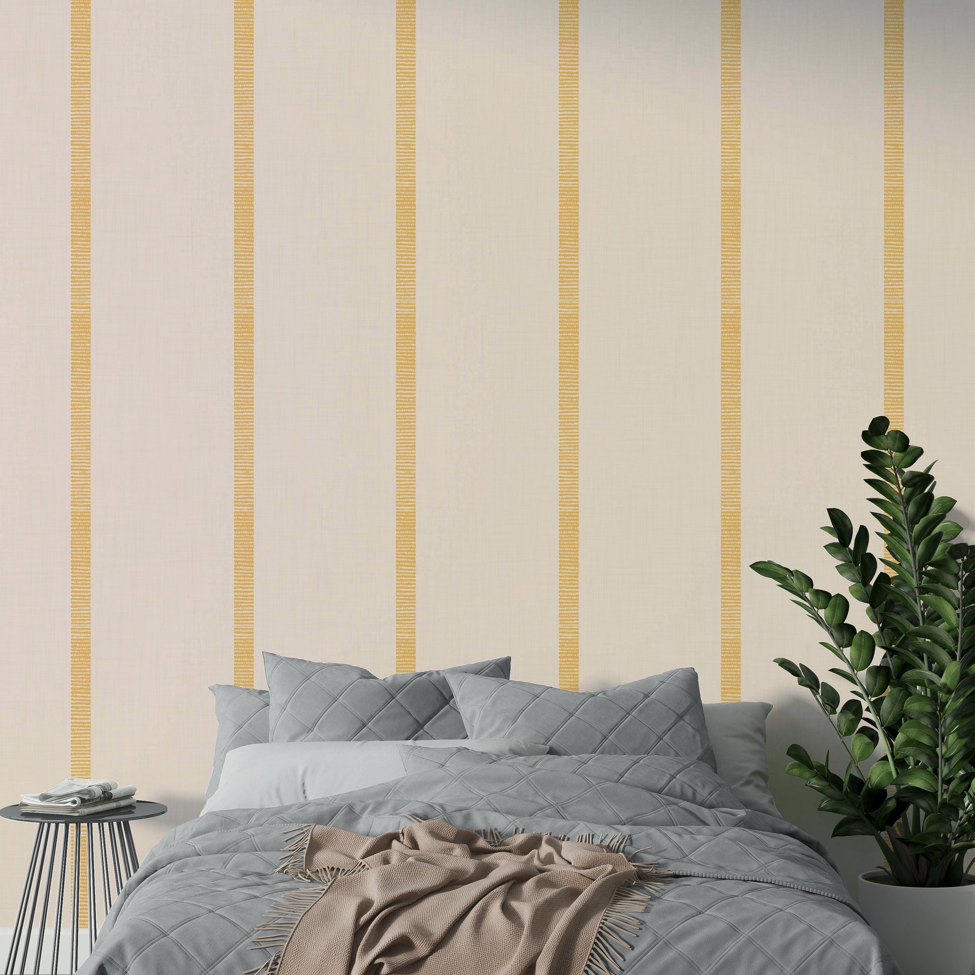 Striped wallpaper featuring beige and golden ocher tones

