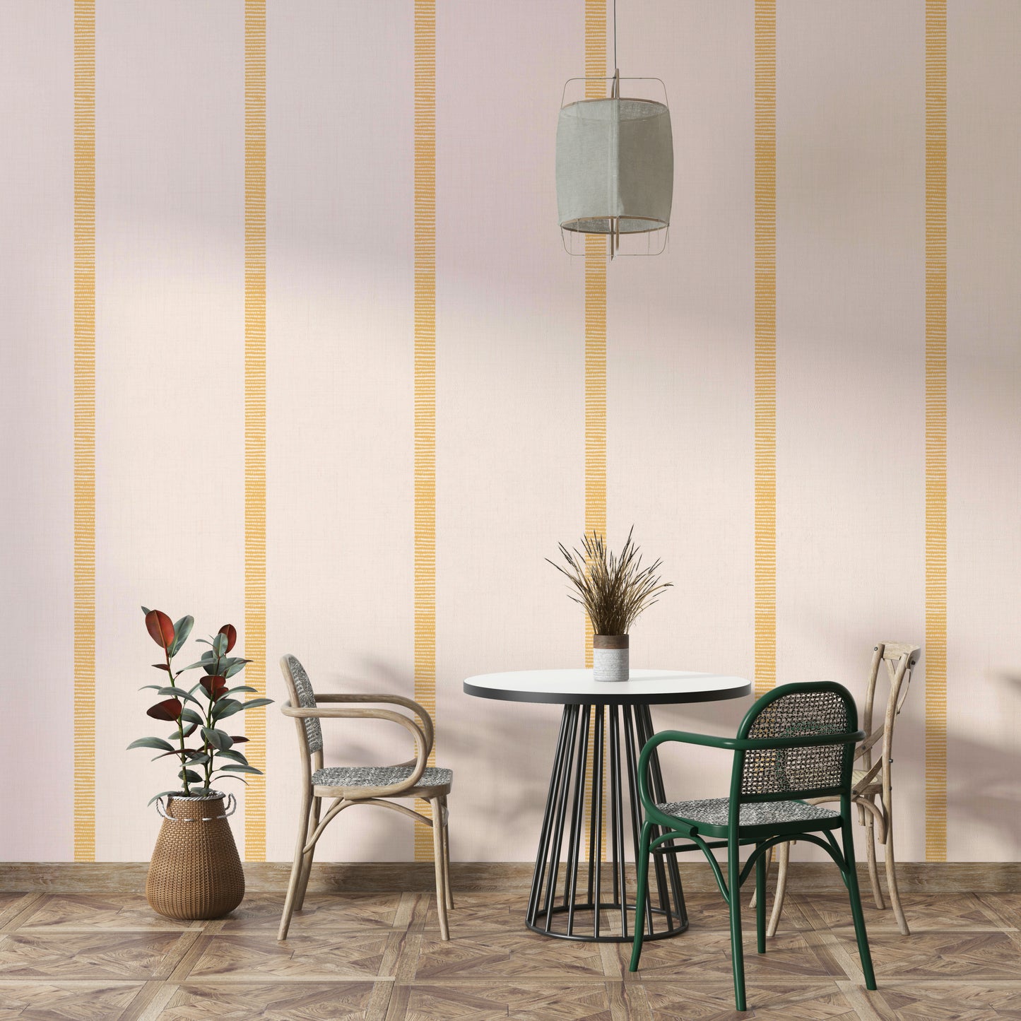 Boho chic wallpaper with beige and golden ocher stripes