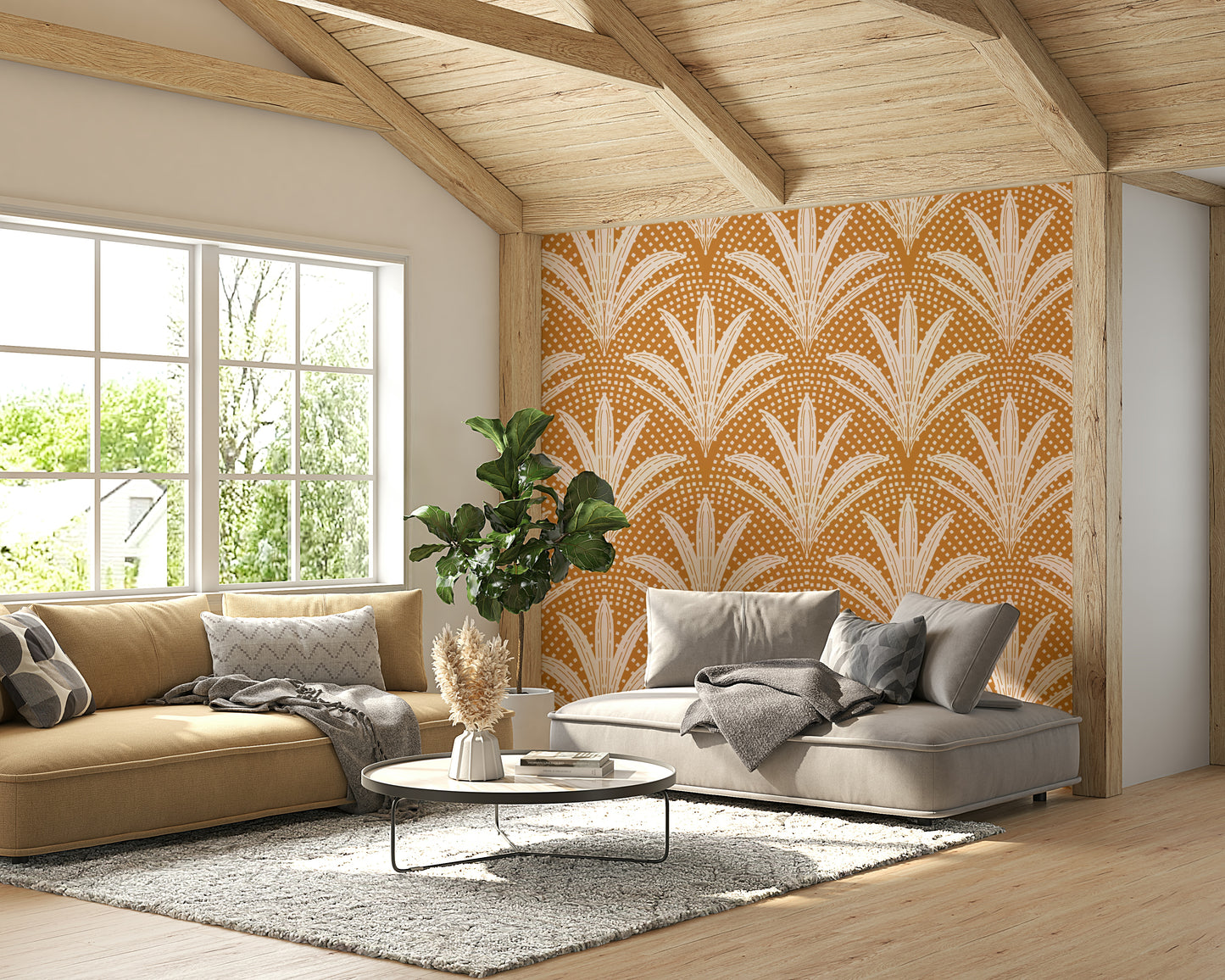 Palm radiance wallpaper with caramel rustic vibes

