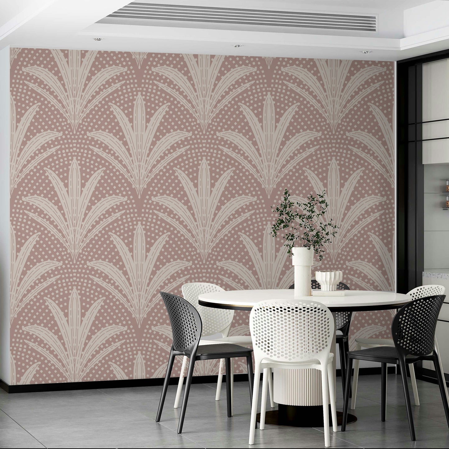 Mauve rustic wallpaper with tropical palm motifs

