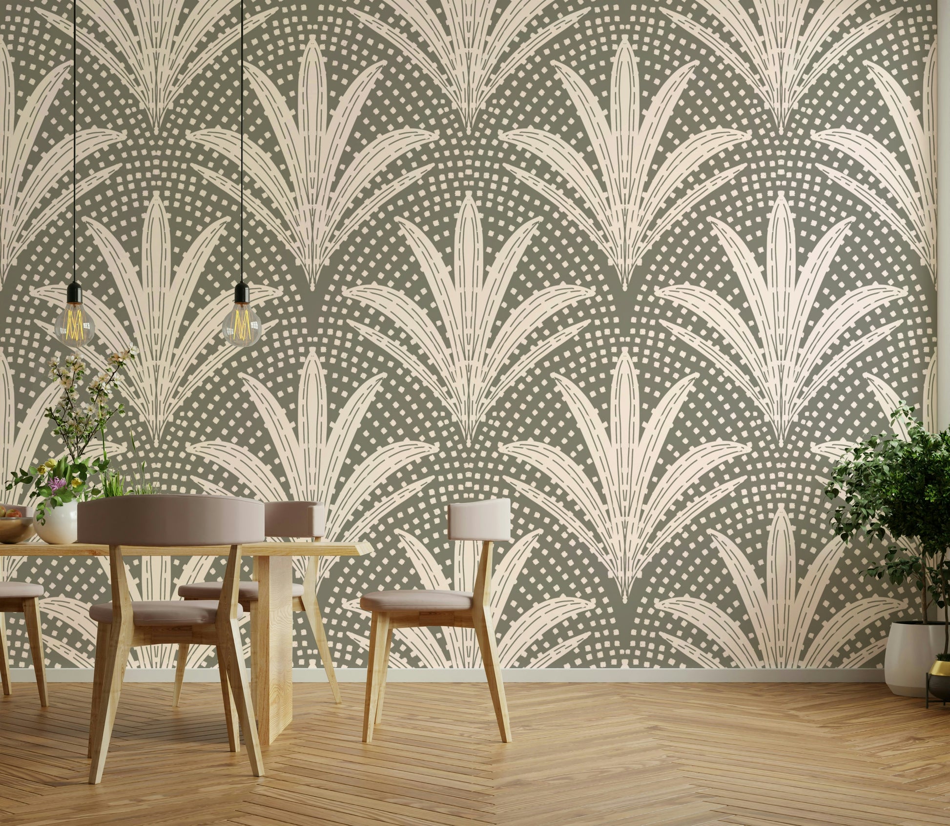 Bohemian rustic wallpaper with muted grey palms

