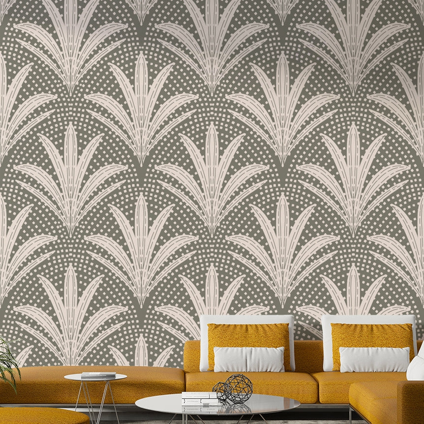 Rustic palm radiance wallpaper in soft grey shade


