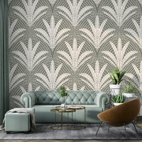 Palm leaves wallpaper with a muted rustic grey look

