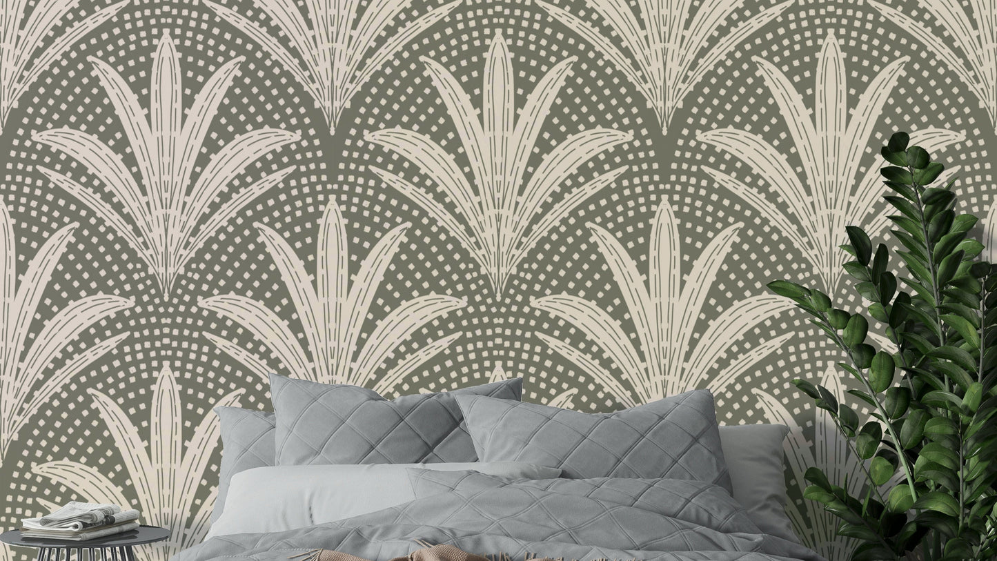 Boho rustic palm wallpaper in muted grey tones

