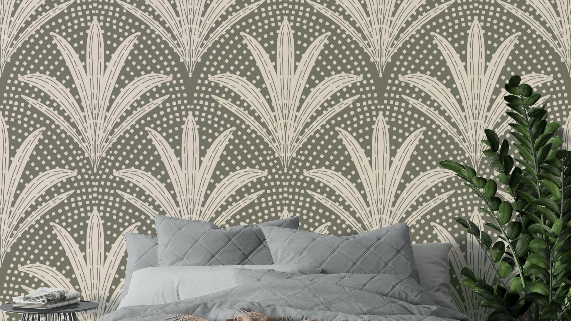 Boho rustic palm wallpaper in muted grey tones

