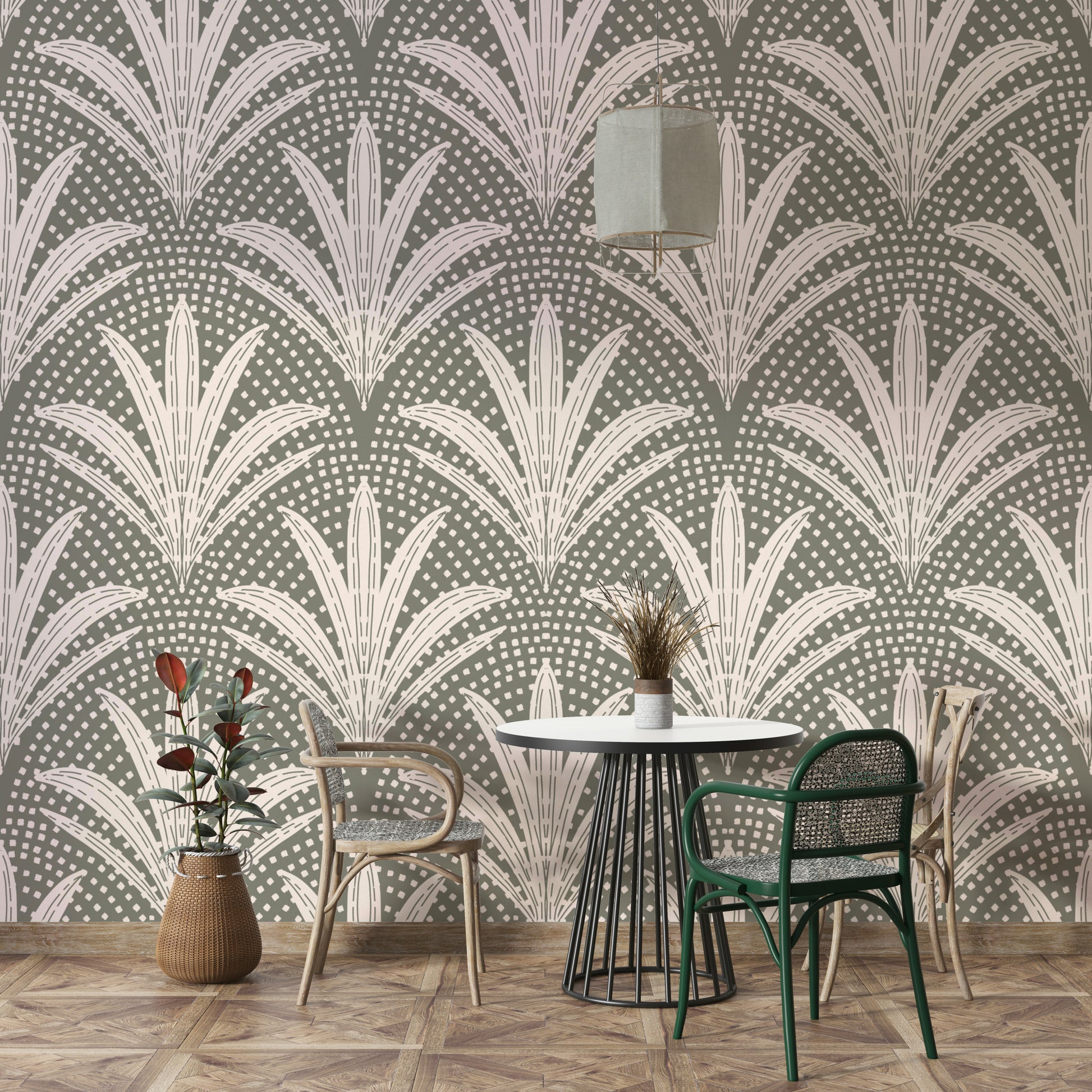 Muted grey wallpaper with boho rustic palm design

