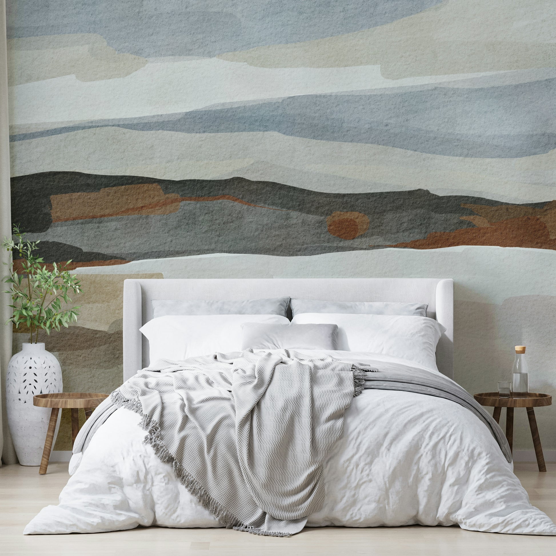 Wall mural featuring mountain-inspired abstract forms

