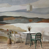 Living room styled with abstract mountain mural

