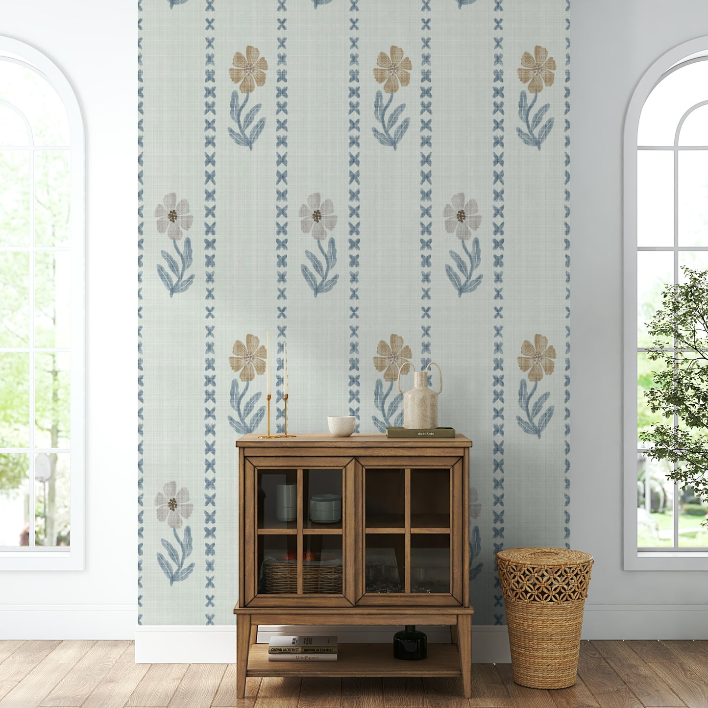 Leaf and floral stripe wallpaper

