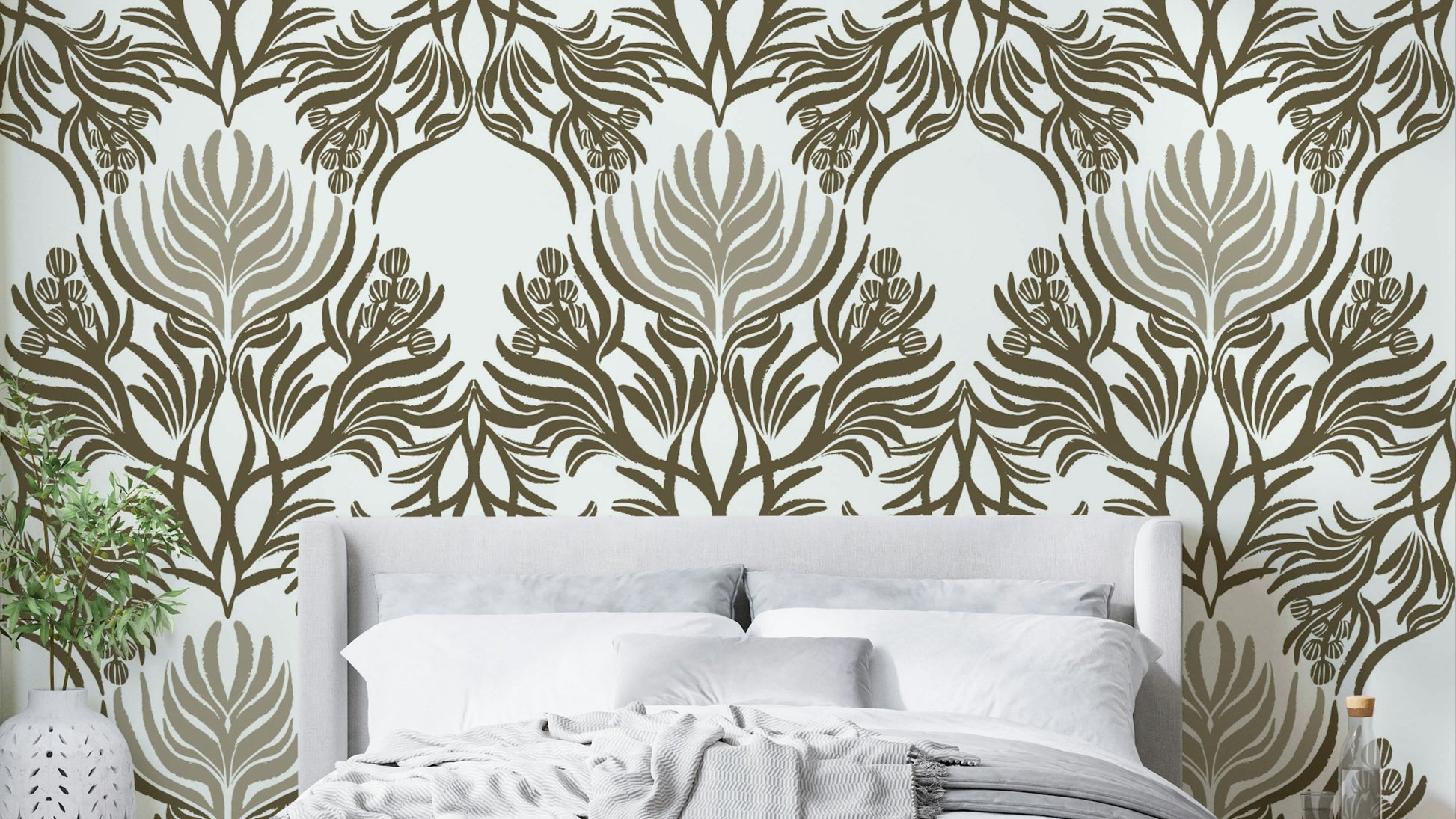 Balanced botanical mural wallpaper in soft earth tones

