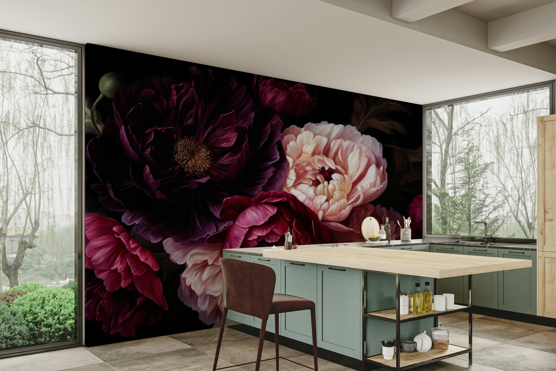 Vintage midnight peonies wall mural

