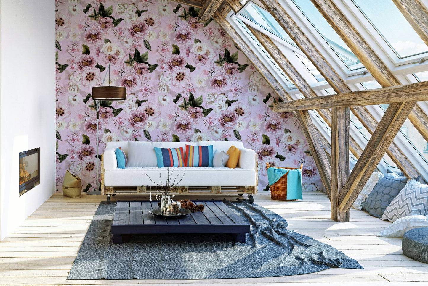 Dramatic heritage floral wallpaper with blush peonies

