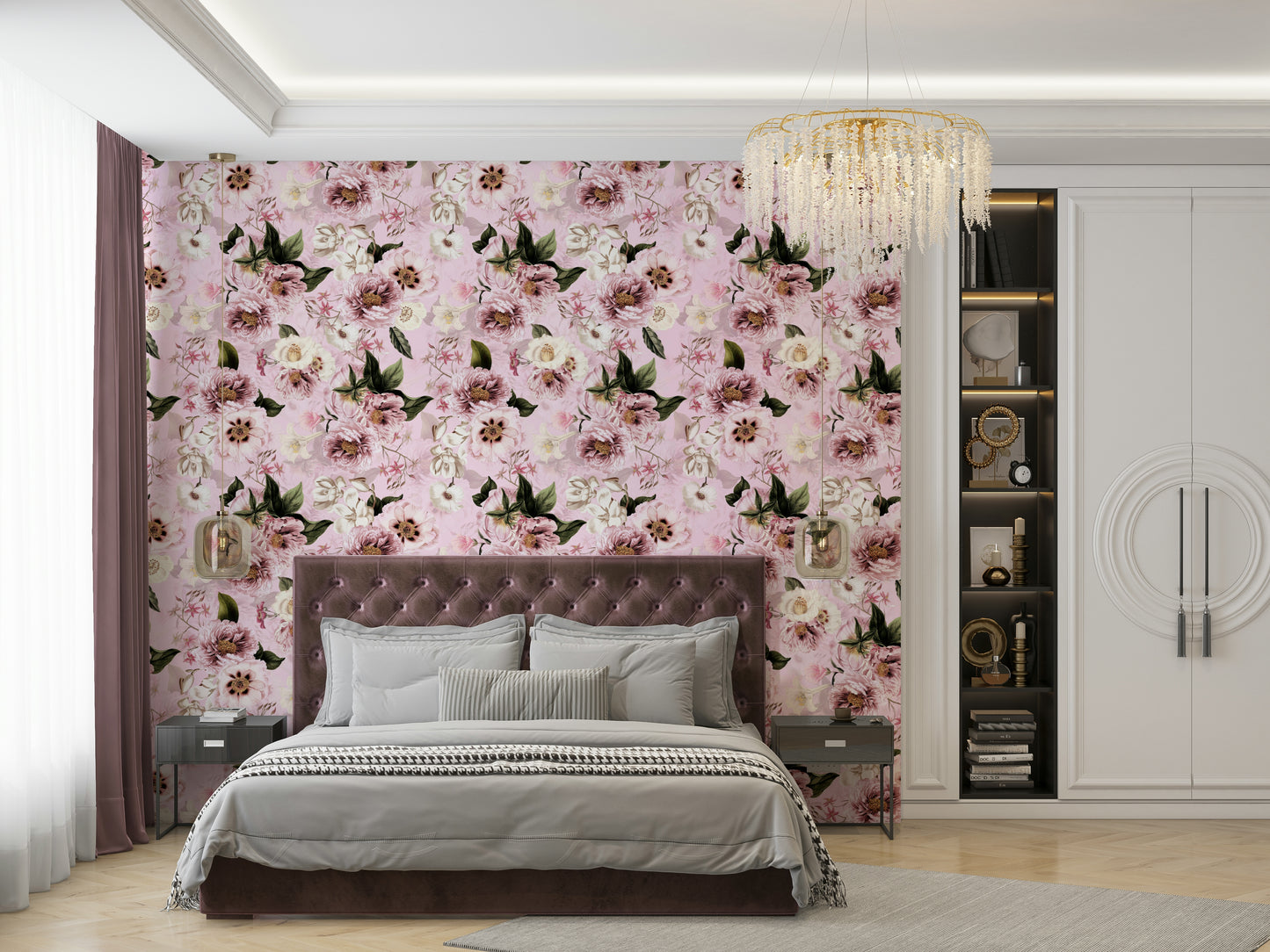 Pink blush peonies wallpaper with vintage dramatic look

