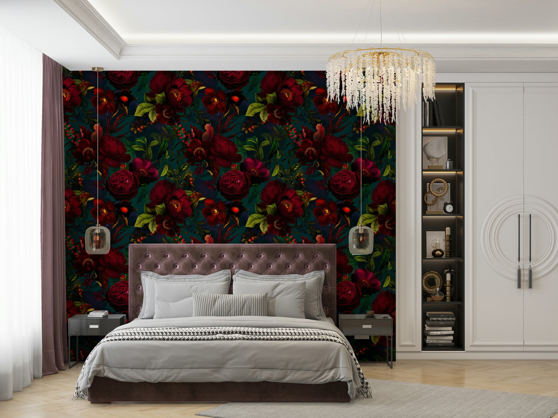 Moody floral wallpaper with deep, rich hues for vintage-inspired rooms

