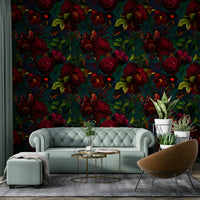 Gothic-style dark florals in wallpaper mural for a sophisticated look

