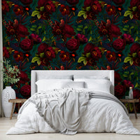 Grandmillennial floral wallpaper with a dark, moody atmosphere

