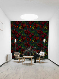 Bold floral wallpaper in dark tones for dramatic wall design

