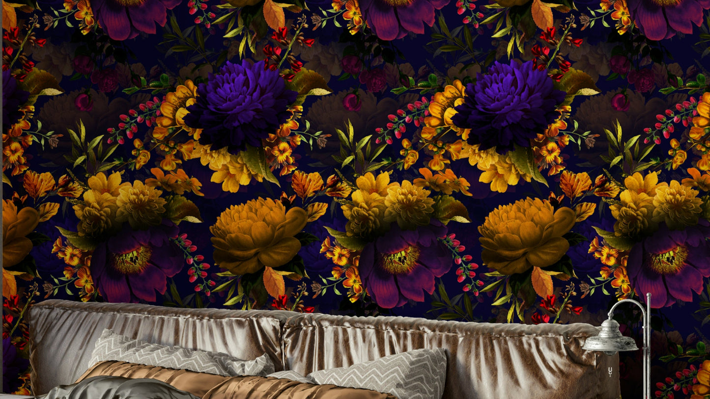 Dark floral Grandmillennial wallpaper with Gothic design

