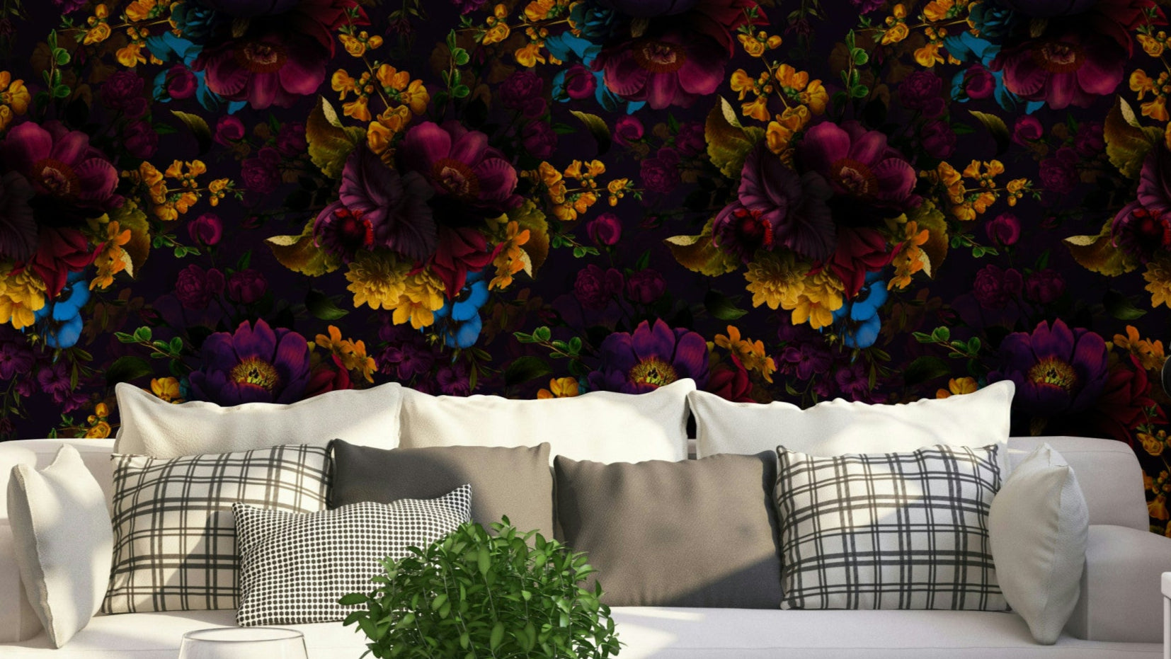Grandmillennial Gothic dark floral wallpaper for moody rooms


