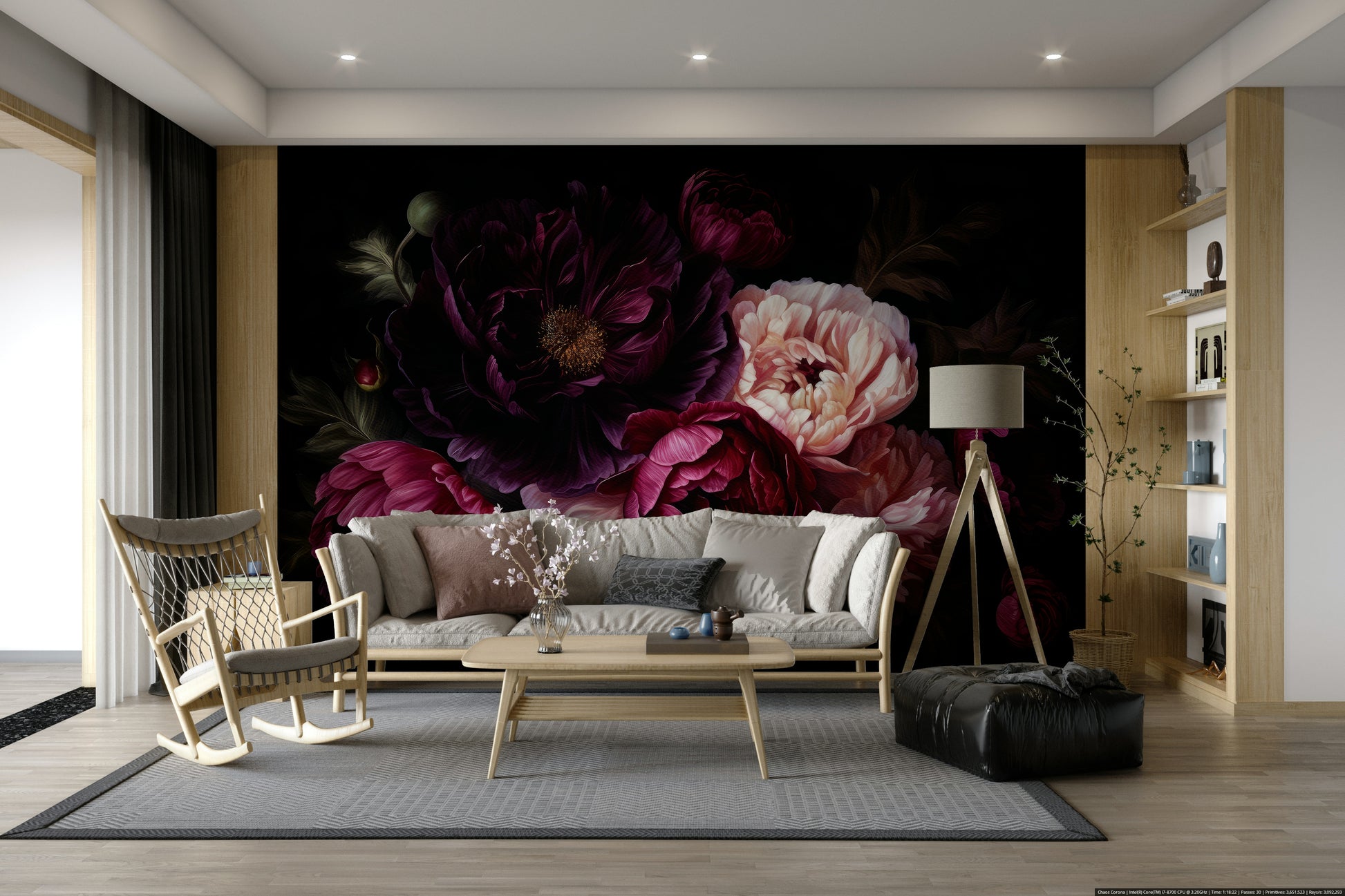 Gothic floral wall mural with dark peonies for a vintage touch.

