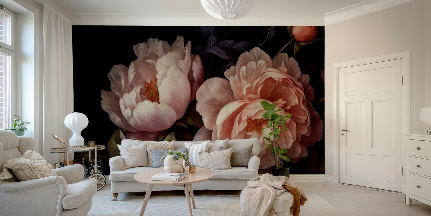 Intricate peach peonies mural wallpaper with rich gothic tones.

