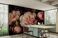 Elegant dark peonies wall mural for a moody, grand atmosphere.

