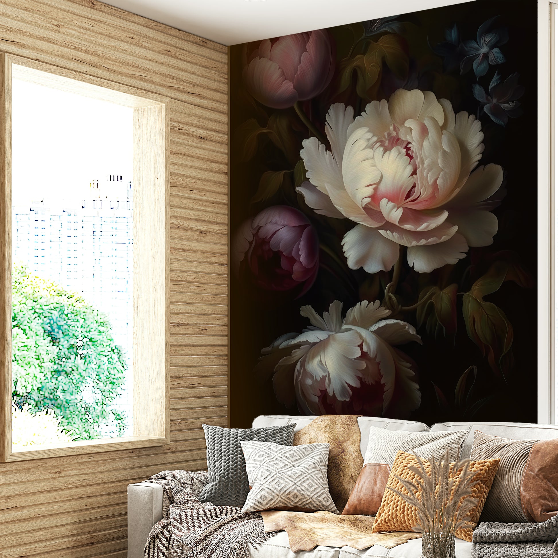 Grandmillennial floral wall mural with gothic vintage charm.

