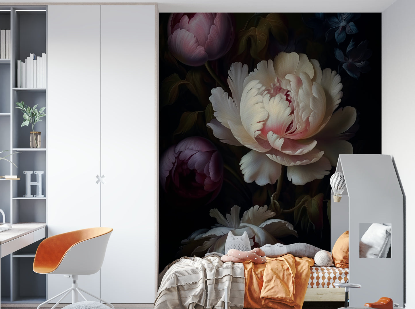 Intricate dark floral mural with moody elegance for your home.


