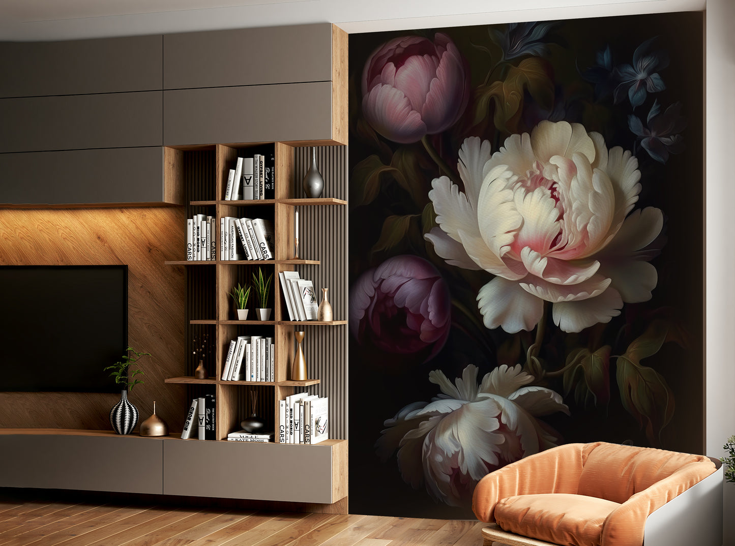 Dramatic floral wall mural with heritage gothic design.

