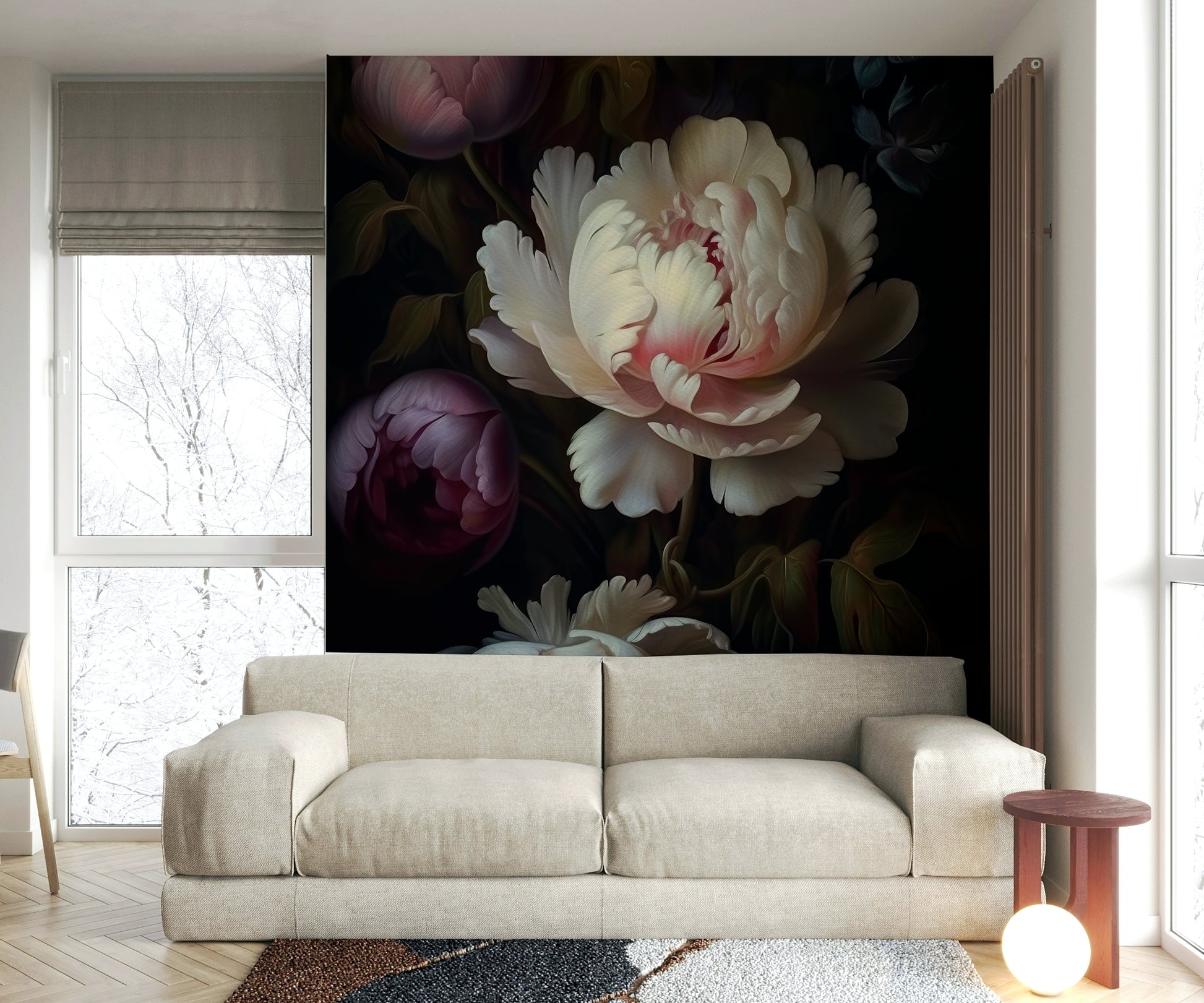 Gothic-inspired floral mural wallpaper adding depth to walls.

