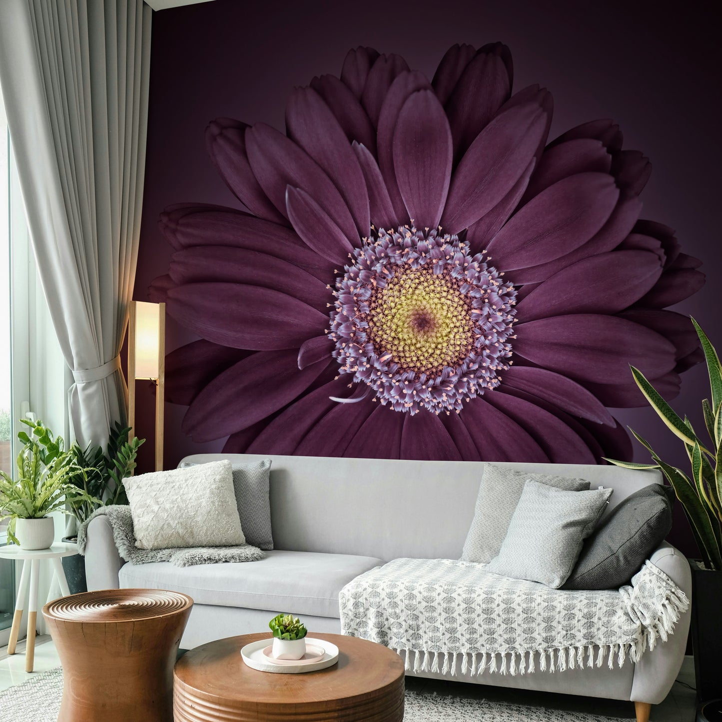 Rich velvet floral design mural with purple, pink, and gold hues.

