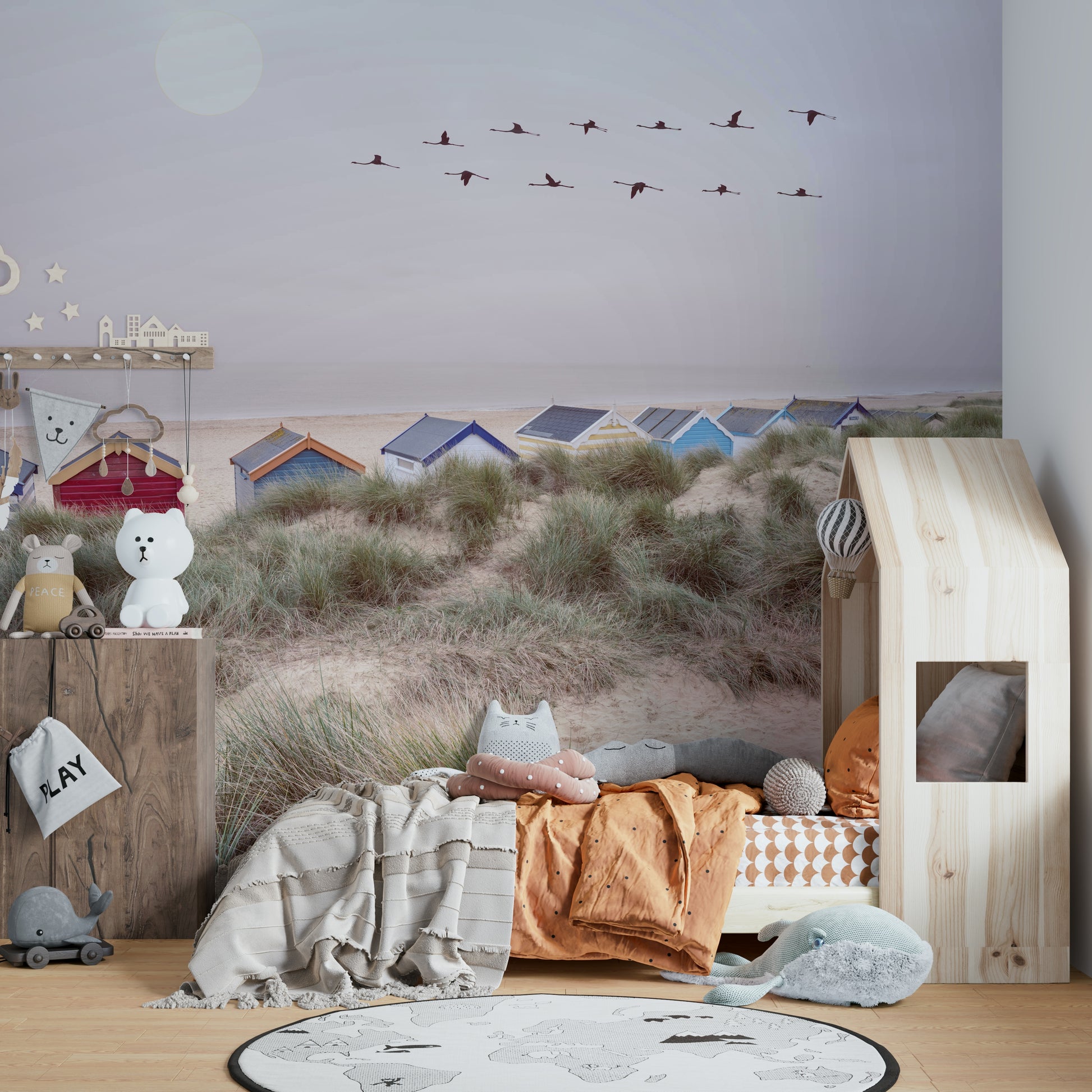 Coastal mural with soft beach tones for a calm, seaside escape.

