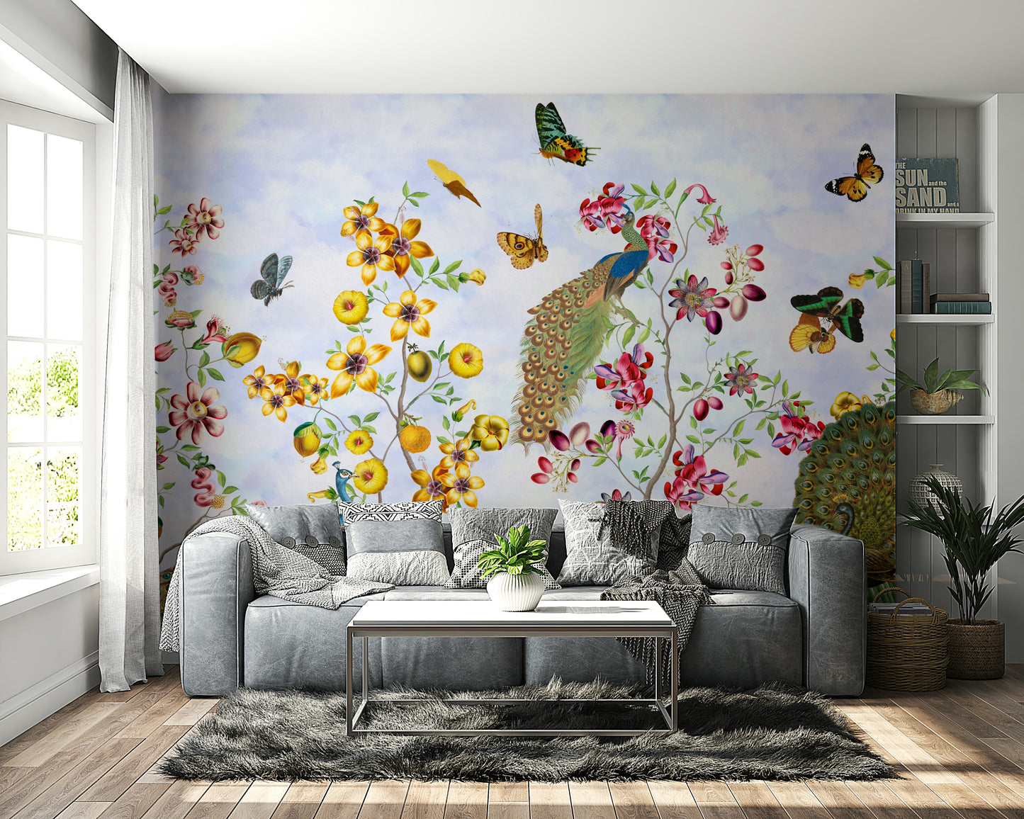 Exotic peacock garden mural adding timeless beauty to your home.

