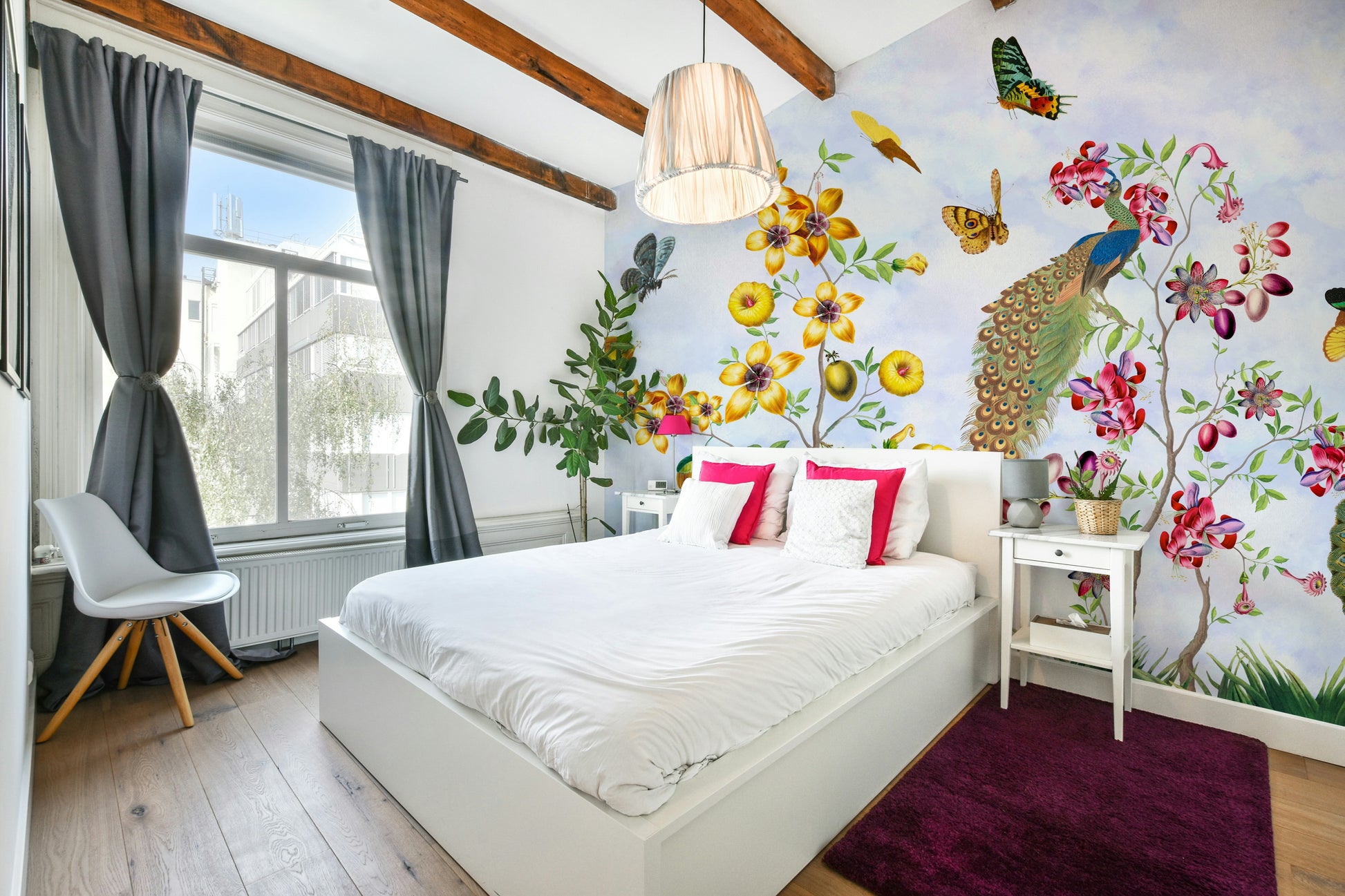 Elegant vintage peacock mural perfect for living room walls.

