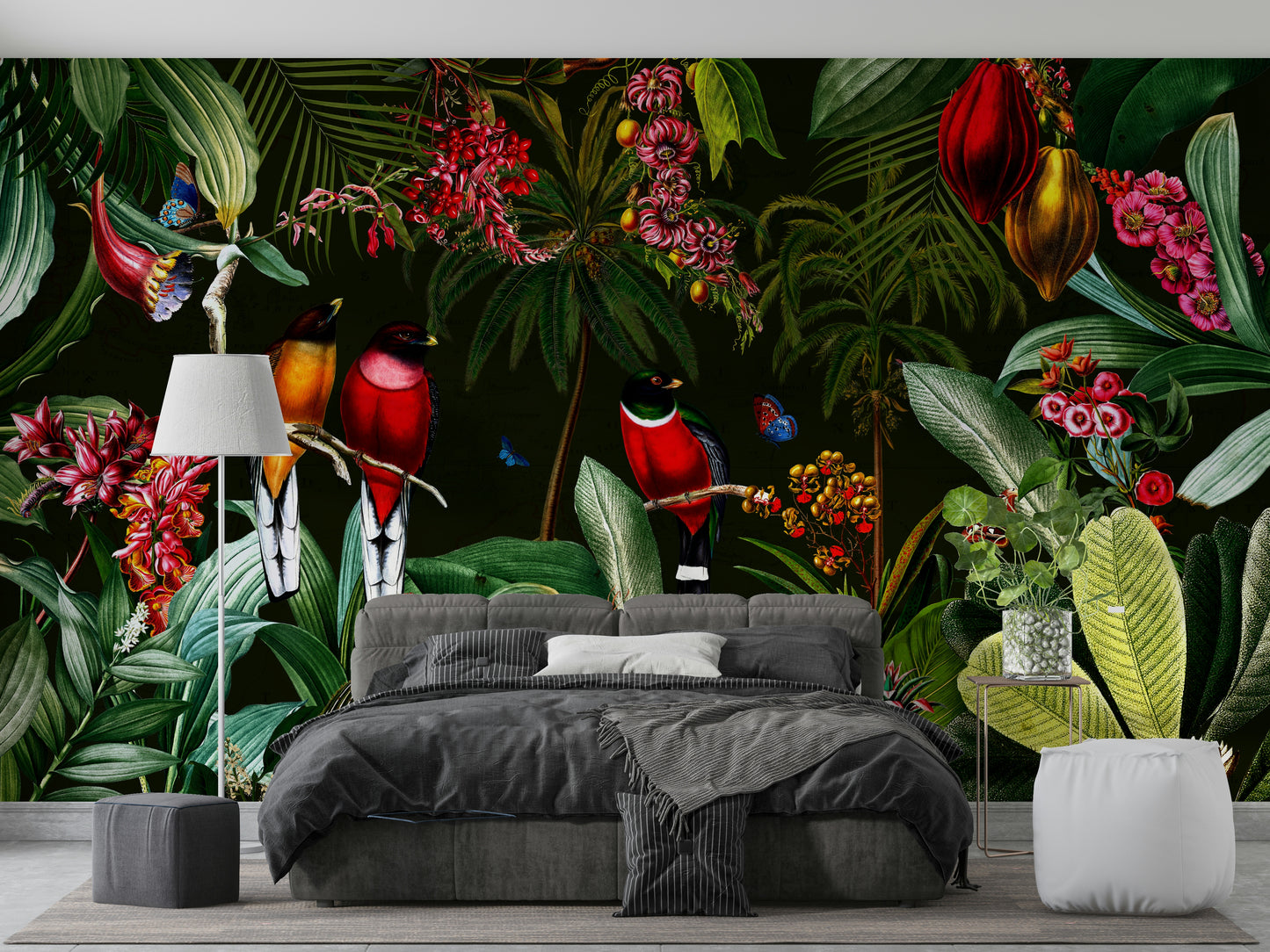 Vintage tropical mural wallpaper with vibrant colors and foliage.
